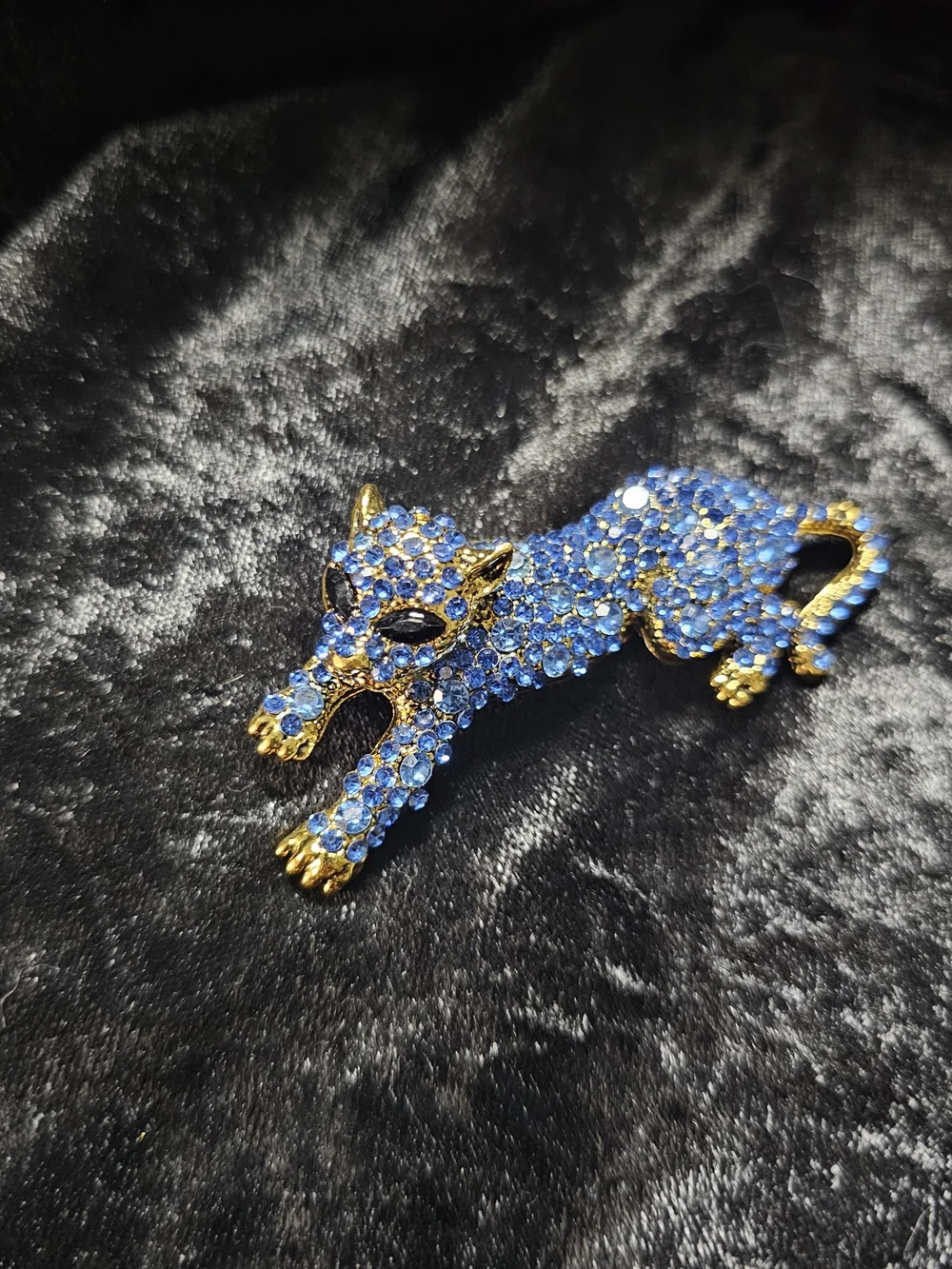 Blue Crystal Panther Brooch with Gold Accents